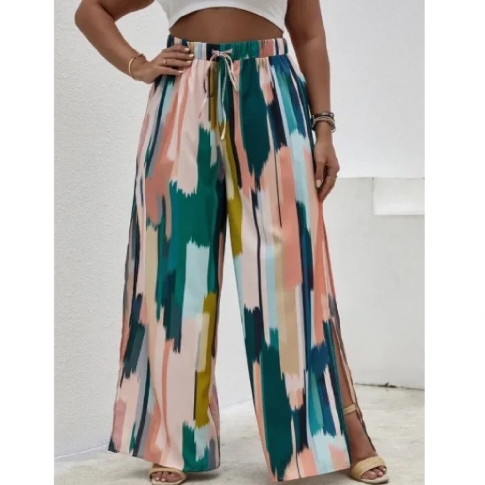 Boho plus size print side slit wide leg palazzo pants - Picture 2 of 5